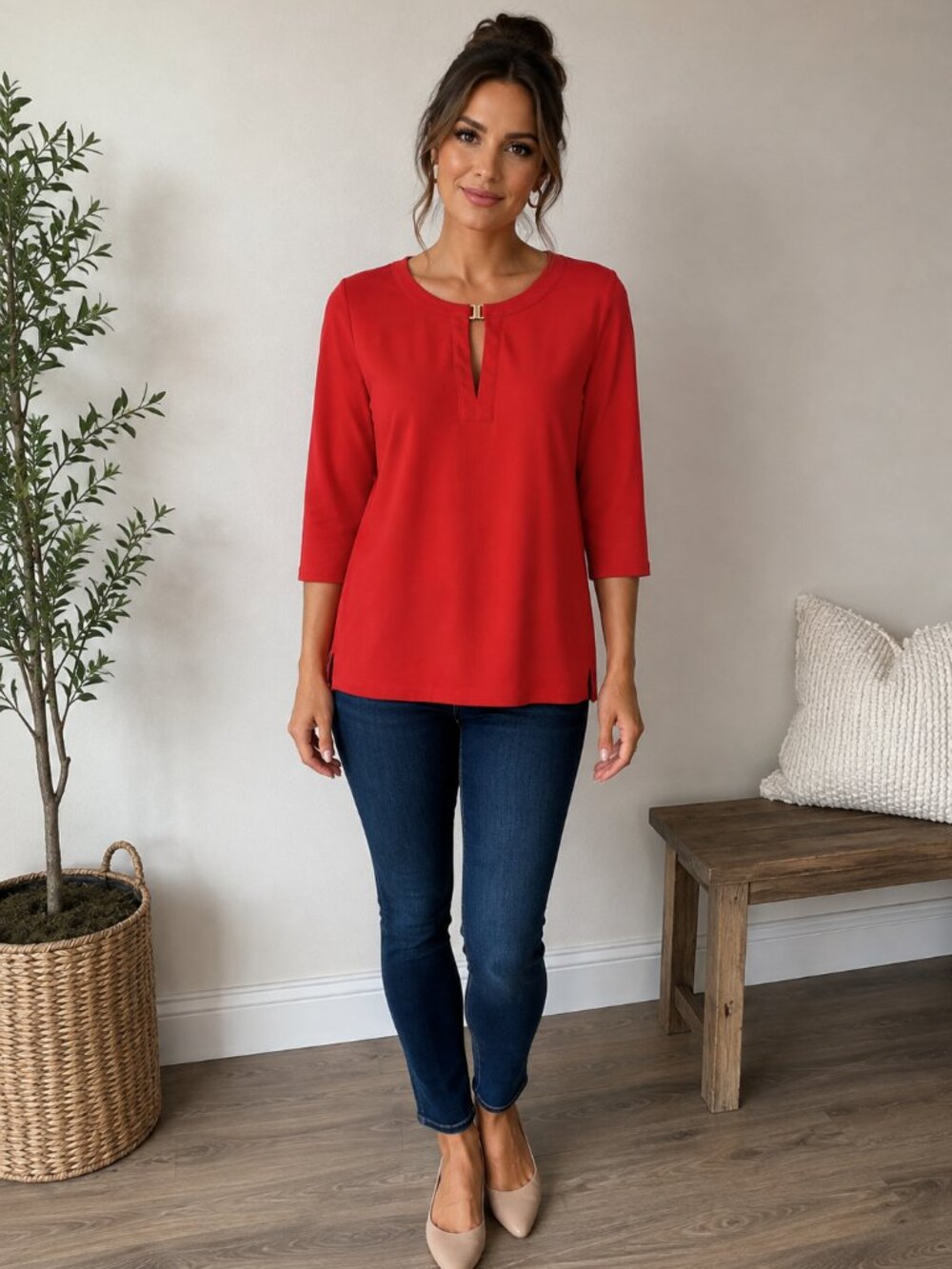 Talbots Red 3/4 Sleeve Blouse Top Size L Large Keyhole Office Workwear Business
